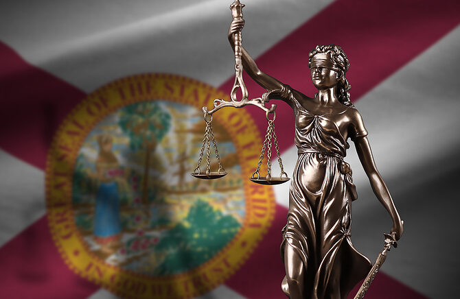 Florida Us State Flag With Statue Of Lady Justice And Judicial S
